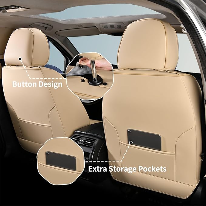 FLORICH Front Car Seat Covers, Leather Automotive Seat Covers for Cars, Airbag Compatible, Waterproof&Breathable, Luxury Car Seat Covers Fit Most Vehicles - Beige