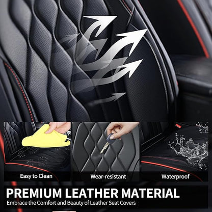 FLORICH Car Seat Covers Front Seat Covers Waterproof Leather Car Seat Protector Universal Fit Most Automotive, SUV, Truck (Black Seat Covers with Red Stitching, 2 Front Set)