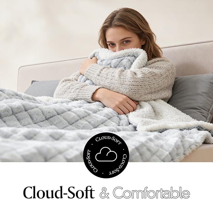 Royal Luxe Micromink Sherpa Throw Blanket for Couch, Fluffy Plush Reversible Throw Blanket for Sofa Bed Chair Room Decor - Luxury Soft Cozy Gifts for Women, 50 x 60 Inches, Purple
