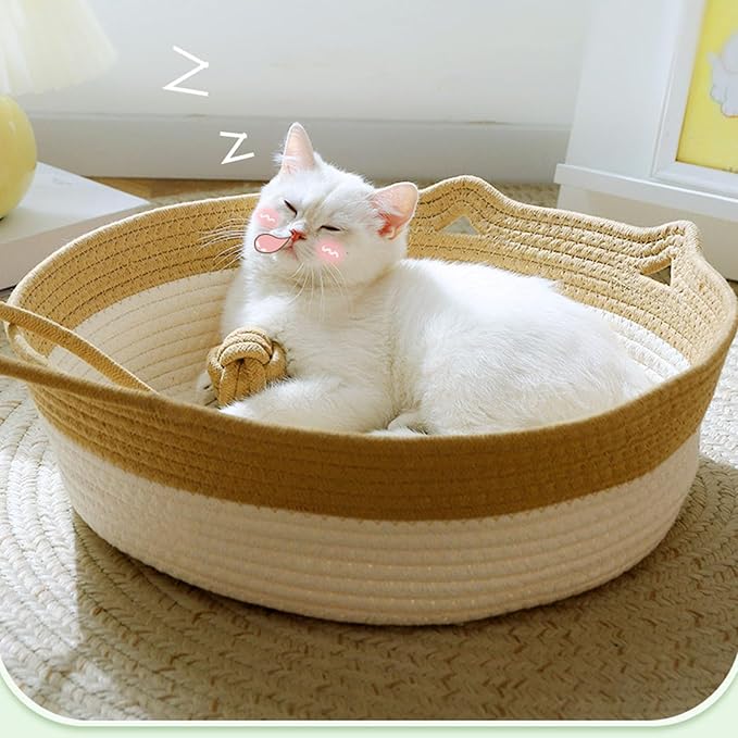 Handwoven Cat Bed, Cotton Rope Cat Basket Comfy Cat House for Summer and All Seasons, M Litter Basket with Unique Design, Easily Washed, Multifunctional Pet Supplies