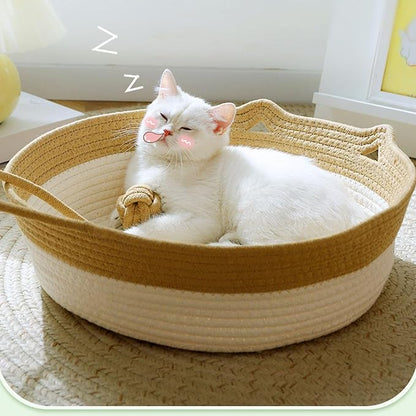 Handwoven Cat Bed, Cotton Rope Cat Basket Comfy Cat House for Summer and All Seasons, M Litter Basket with Unique Design, Easily Washed, Multifunctional Pet Supplies