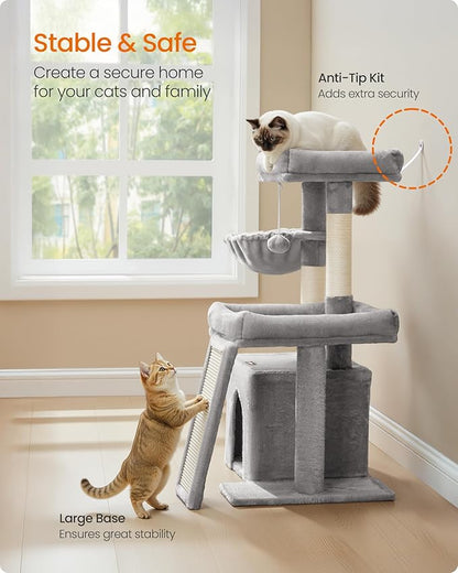 Feandrea Cat Tree, Cat Tower Condo with Scratching Posts and Ramp, 2 Large Perches, Cave, Basket, 33.8 Inches Tall, Dove Gray UPCT013GD02S