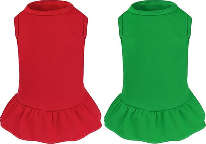 2 Pcs Dog Dresses Cat Skirt Solid Color Dog Clothes Summer Sleeveless Puppy Girl Clothes for Small Pet Dogs Cats (Red,Dark Green, Small)