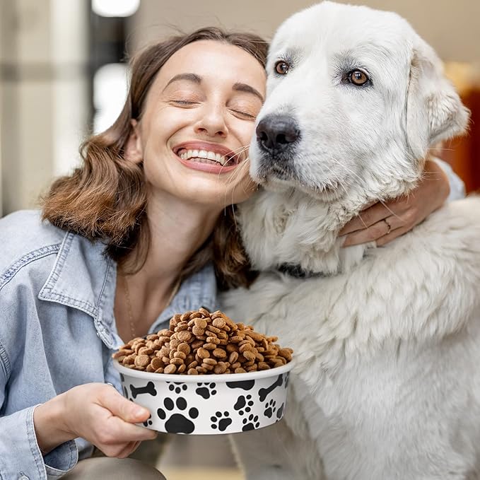 Whaline 50Pcs Pets Disposable Feeding Bowls 16 oz 2 Cup Black White Cute Design Paper Dog Cat Bowls Bulk Bone and Paw Pattern Pets Travel Bowl Serving Water Food Tray for Puppy Kitten Small Dogs Cats