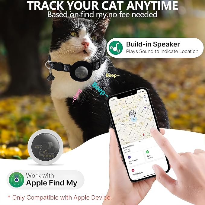 GPS Tracker for Cats, Mini GPS Pet Tracker with Collar, IPX8 Waterproof Cat Trackers Collar,No Monthly Fee,Work with Apple Find My(iOS Only),Smart Trackers for Pets-Black-3