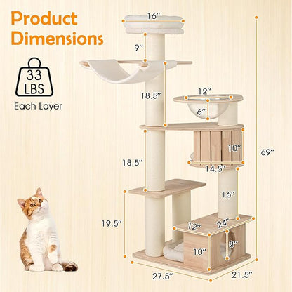 PETSITE 69 Inch Tall Wood Cat Tree, Multi-Level Modern Cat Tower with 5.7 inch Scratching Posts, Double Cat Condos, Space Capsule, Hammock, Large Wooden Cat Tree Tower for Indoor Cats, Natural