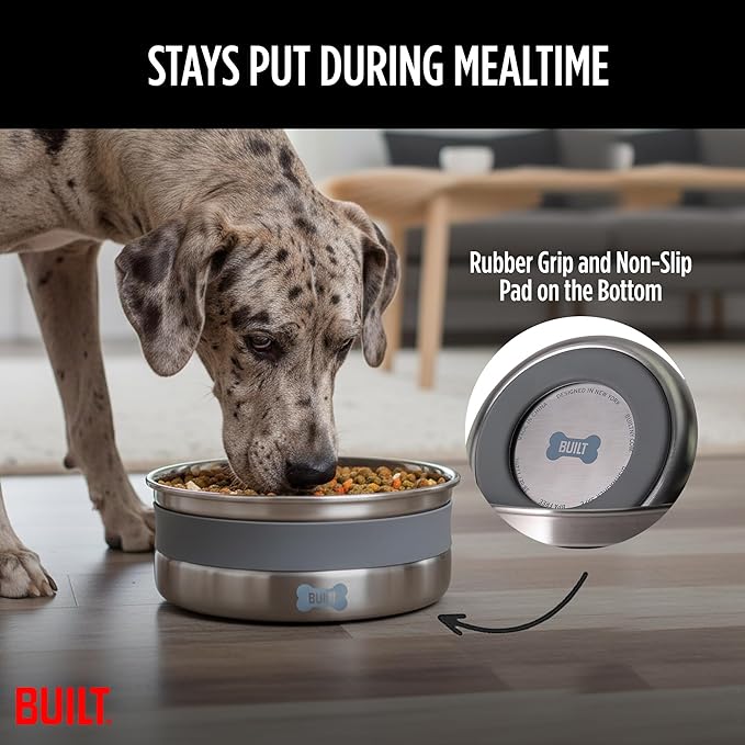 BUILT Dog Bowl - 64 Oz Stainless Steel Pet Bowl with Soft Grip & Non-Slip Base - Double Wall 18/8 Steel Food & Water Dish for Dogs & Cats, Durable, Easy to Clean & Ideal for Daily Feeding