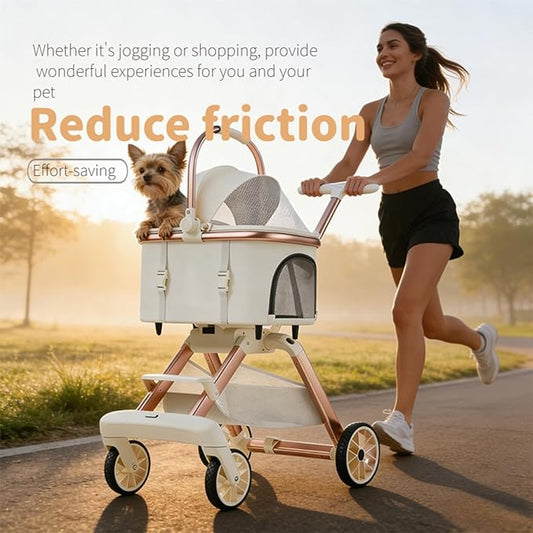 All-Terrain Pet Stroller for Small Medium Dogs & Cats, 20 lbs Capacity - Portable Carrier with One-Touch Brake, Lightweight Foldable Design & Shock Absorption Wheels,Beige
