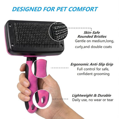 PETIMP STORE 4PCS Self Cleaning Slicker Brush, Pet Grooming Rake, Bath Brush & Massage Brush for Short/Long Haired Dogs, Cats & Horses, Pet Grooming Deshedding Tools - Pet Supplies (Pink Black)