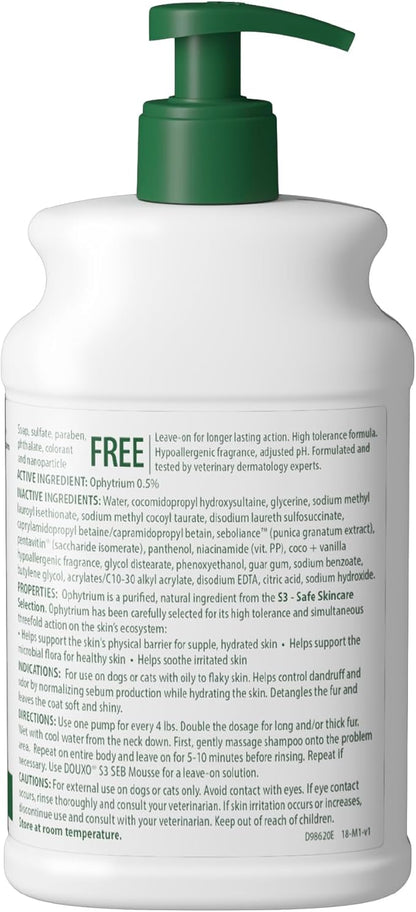 Douxo S3 Seb Shampoo, Contains 0.5% Ophytrium, Odor Control & Seboregulating, For Oily to Flaky Skin, Seborrhea, For Dogs and Cats, 16.9 fl. oz. (500mL)