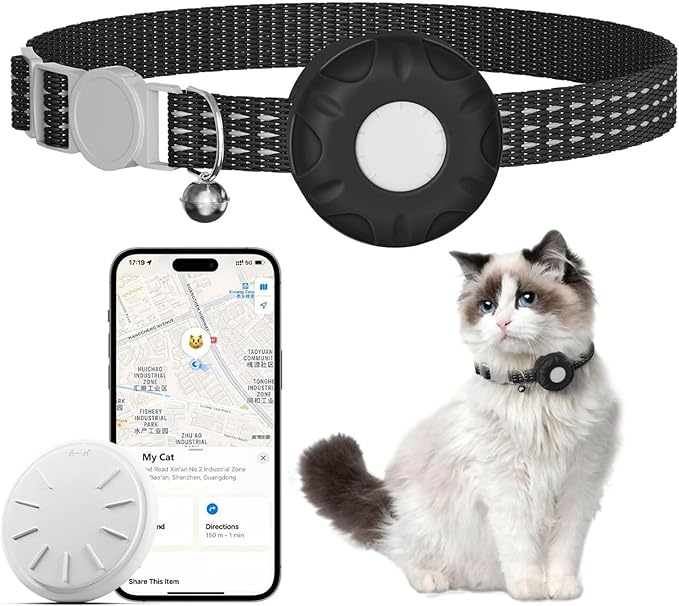 Cat Tracker Collar,No Monthly Fee Cat Tracker Works with Apple Find My App(Only iOS),GPS Tracker for Cats,Real-Time Location Pet Tracking|Safety Collar and Tracker Holder Included - Black