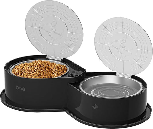 Newget Stainless Steel Dog Bowl Set with Lids, 304 Metal Dual Food & Water Bowls for Dogs & Cats, Foldable Pet Feeder with Cover Keeps Food Fresh, Anti-Skid Dog Dish for Small/Medium/Large Pets