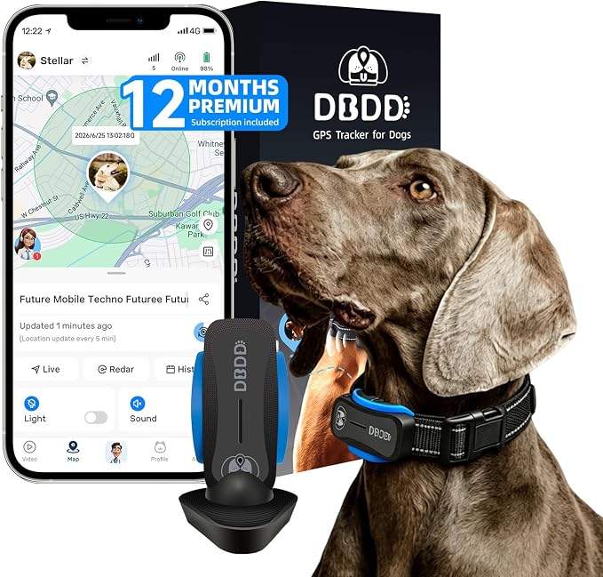 AI GPS Tracker for Dogs with 12 Month Subscription, Real-Time Location, Electronic Fence, Health Monitoring, Waterproof, for Medium Large Dogs, iOS Android