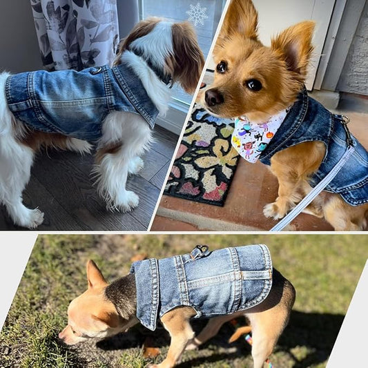 Dog Jean Jacket, Blue Denim Shirt Classic Lapel Vest Coat Costume Puppy T-Shirt, Comfort Tank Top Cool Apparel, Washed Pet Clothes for Dogs Boy Girl (with D-Ring, Small)