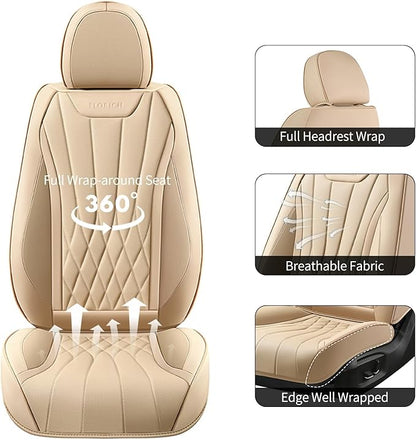 FLORICH Front Car Seat Covers, Leather Automotive Seat Covers for Cars, Airbag Compatible, Waterproof&Breathable, Luxury Car Seat Covers Fit Most Vehicles - Beige
