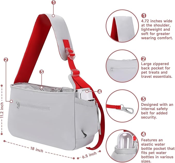 Pet Sling Carrier for Small to Medium Dogs and Cats, Fits 10–20lbs, Adjustable Soft Padded Shoulder Strap Dog Sling Carrier with Storage Pocket for Hands-Free Outdoor Travel & Hiking Grey