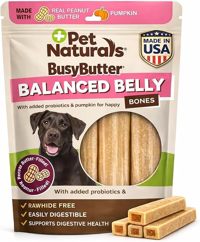 Pet Naturals BusyButter Balanced Belly Peanut Butter Bones, Rawhide-Free Chews for Medium/Large Dogs, Long Lasting Chew Bones, Probiotics and Pumpkin for Gut Health, 4 Count
