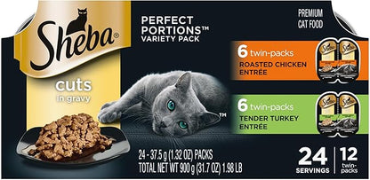 Sheba Perfect Portions Wet Cat Food Cuts in Gravy, Cat Food Wet Recipe, Roasted Chicken Entree and Turkey Entree, Variety Pack, Twin-Pack Trays (12 Count, 24 Servings)