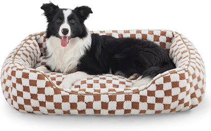 JOEJOY Dog Bed for Large Medium Small Dogs - Rectangle Orthopedic Dog Sofa Bed, Cute Modern Puppy Bed with Jacquard Shaggy Plush & Anti Slip Bottom, 30x24x9inches, Brown
