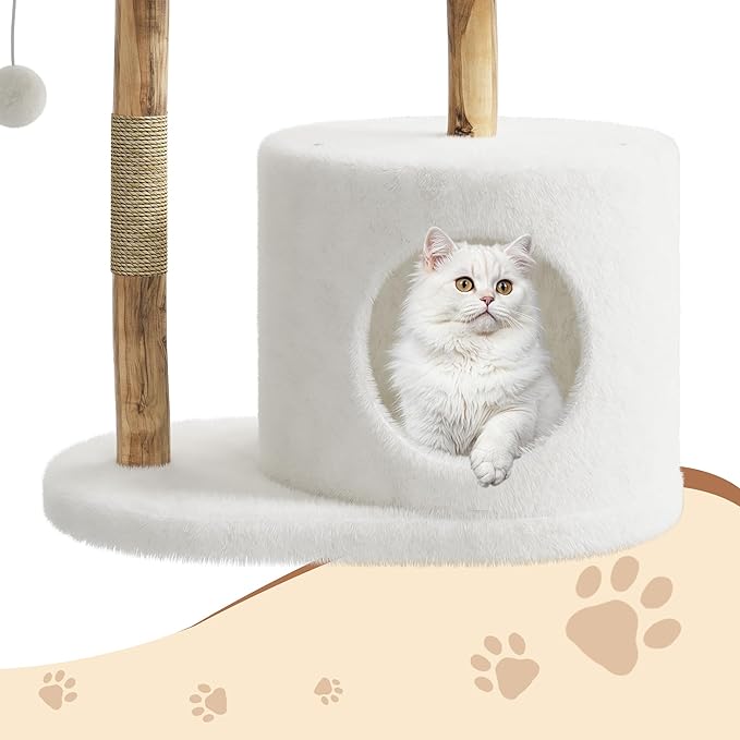 Real Wood Modern Cat Tree Tower, Cat Scratching Post with Bed for Indoor Cats with Natural Wicker Condo, Aesthetic Tree Stand, Boho Luxury Pet Furniture Two Platform