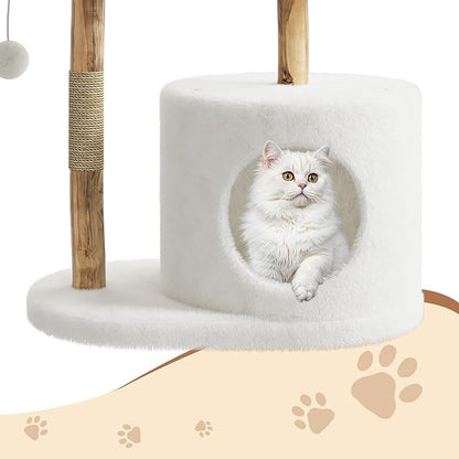 Real Wood Modern Cat Tree Tower, Cat Scratching Post with Bed for Indoor Cats with Natural Wicker Condo, Aesthetic Tree Stand, Boho Luxury Pet Furniture one Platform