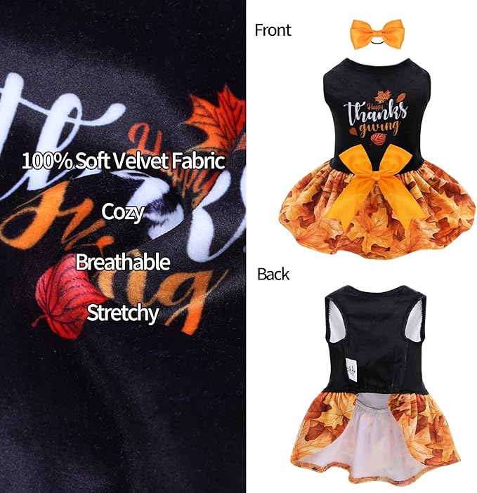CuteBone Thanksgiving Dog Fall Dresses Costume Velvet Holiday Small Dogs Clothes Onesie Pet Apparel Girl Puppy Skirt with Bow Hair Rope CVA52XXS-D