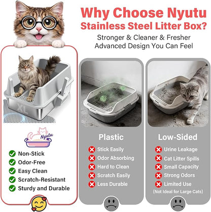 Stainless Steel Cat Litter Box with Lid, XL Metal Litter Box High Sided, Odor-Free/Anti-Urine Leakage & Non-Stick, Extra Large Litter Box with Mat & Scoop for Multiple/Big Cats, Easy Cleaning (Grey)