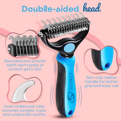 Sinko Deshedding Dog and Cat Brush, Dematting Comb with Extra Wide Double-Sided Stainless Teeth for Detangling, Deshedding, Brushing & Removing Shed Fur, Knots, Mats, and Tangles in Pets (Blue)