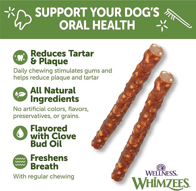 Wellness WHIMZEES Veggie Sausage Dog Dental Treat, Chews, Freshens Breath, Small Size, 14.81 oz Bag, 28 Count