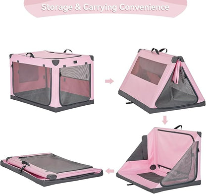 PETSFIT 26" Soft Portable Dog Crate – Patented Spiral Sturdy Frame, Collapsible Travel Kennel for Small Dogs, 3 Mesh Door, Lockable Zippers, Indoor & Car Use Pink