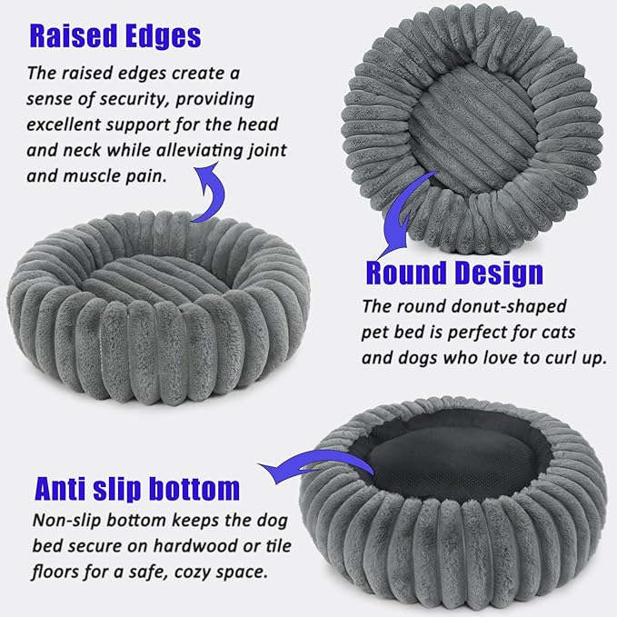Dog Beds Small Sized Dog Washable Calming Anti-Anxiety Donut Puppy Bed for Small Dogs and Cats,Cozy Soft Anti-Slip Round Large Cat Bed 23 Inch Fits up to 20 lbs Pets,Warm Grey