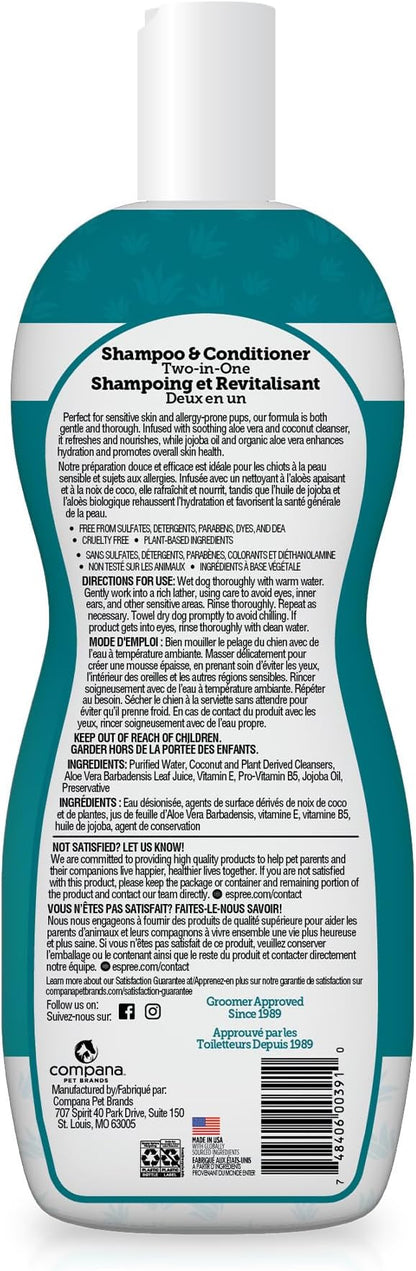 Espree Hypoallergenic Dog Shampoo & Conditioner, Tearless Formula with Aloe Vera, Sulfate-Free, Paraben-Free, Harsh Chemical and Dye-Free, Safe for Sensitive Skin, 20oz