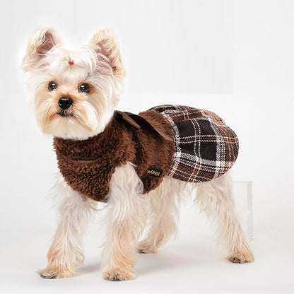 Yikeyo Dog Sweater Dress,Winter Dog Clothes Sweater Dress for Small Dogs Girl, Plaid Hem, Turtleneck, Fluffy Female Warm Pet Fuzzy Puppy Coat Apparel Outfit Yorkie Chihuahua Clothes, XXS, Brown