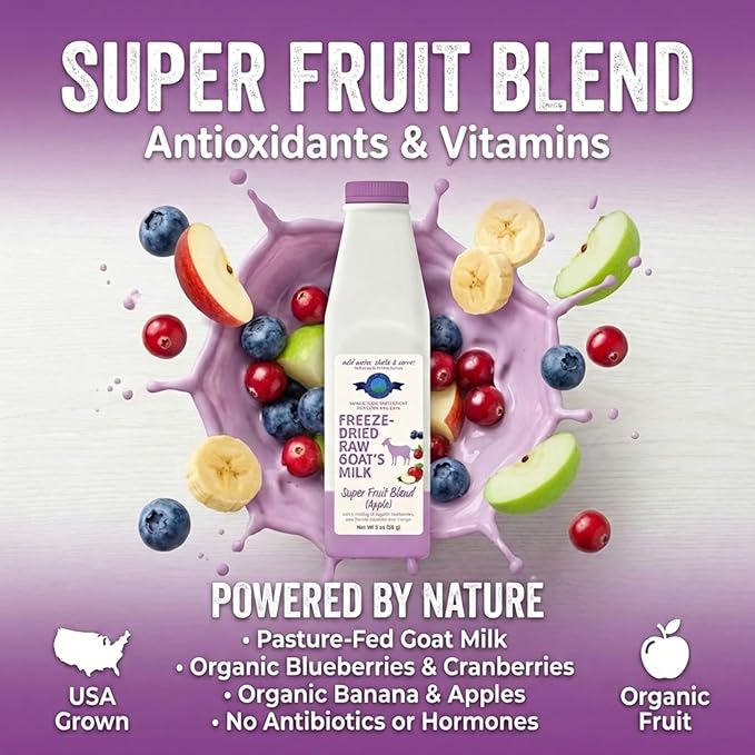 Shepherd Boy Farms Freeze Dried Raw Goats Milk with Probiotics for Dogs & Cats (Super Fruits), Organic USA Fruits, Digestible Goat Milk Powder, Raw Nutrition, High Protein Food Topper - Makes 16 FL Oz