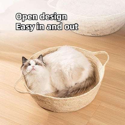 Rattan Cat Litter Pet Bed for Home Pet Supply Pet Sleeping Cat Beds Rattan Cat Dog Kitten Bed Basket Cooling Pet Nest Cat Supply Indoor Cat Cattail Grass to Weave (Corn Flakes,Small)