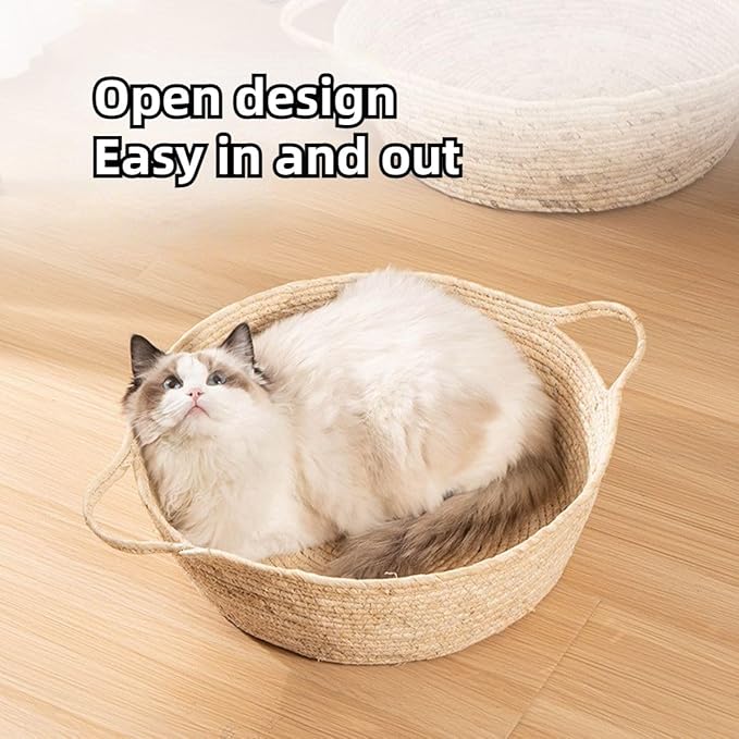 Rattan Cat Litter Pet Bed for Home Pet Supply Pet Sleeping Cat Beds Rattan Cat Dog Kitten Bed Basket Cooling Pet Nest Cat Supply Indoor Cat Cattail Grass to Weave (Corn Flakes,Large)