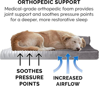 FurHaven Orthopedic Dog Bed & goDog Toy - Squeaky Plush Dino with Chew Guard for Large Dogs - Plush & Velvet L Shaped Chaise - Platinum Gray, Jumbo/XL