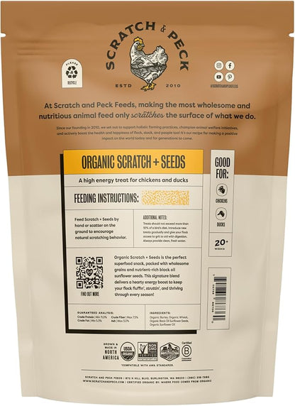Scratch and Peck Scratch + Seeds Chicken and Duck Treat - 10 lbs Bag - 11% Protein, Certified Organic and Non-GMO Project Verified Chicken Food