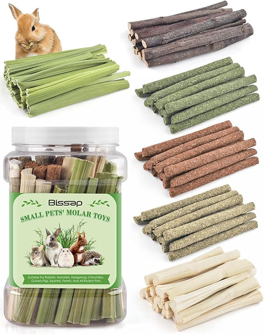 Bissap 54 PCS Rabbit Chew Sticks, Mix Natural Sweet Bamboo Timothy Hay Oat Carrot Chew Stick Apple Branch Bunny Chews for Rabbit Hamster Chinchilla Guinea Pig Small Pet Molar Treats
