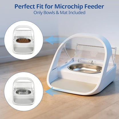 Stainless Steel Bowl & Mat Set for Automatic Microchip Cat Feeder, 2 SUS304 Bowls + 1 Mat, Sealing Ring, Keep Food Fresh, Easy to Clean