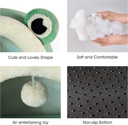Jiupety Cute Cat Bed, Indoor Lovely Velvet Igloo for Cat, Warm Cave Sleeping Nest Bed for Puppy and Kitten, Green Frog, S
