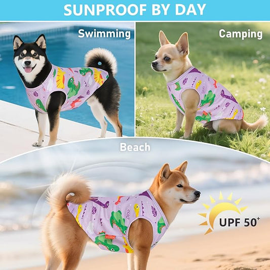 KYEESE 2Pack Dog Shirt, Lightweight Sun Protection Dog T Shirts for Medium Large Dogs Boy Girl, Breathable Mesh Tank Top Sleeveless Pet Reflective Vest, Soft Summer Dogs Clothes, Dinosaur+Purple, 2XL