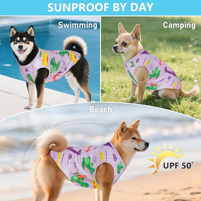 KYEESE 2Pack Dog Shirt, Lightweight Sun Protection Dog T Shirts for Small Dogs Boy Girl, Breathable Mesh Tank Top Sleeveless Pet Reflective Vest, Soft Summer Dogs Clothes, Dinosaur+Purple, L