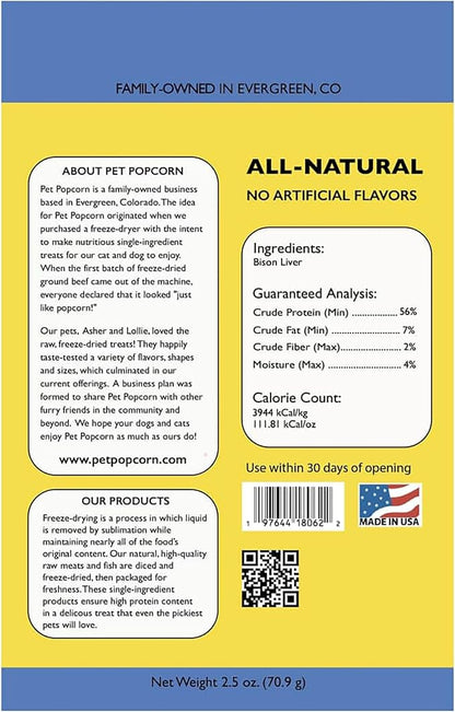 Freeze-Dried Raw Treats - Bison Liver - 2.5oz Bag, Dog & Cat Snacks, Single Ingredient, Natural, Pet Food Topper, Protein‑Packed Meat