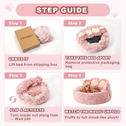 Jiupety Paw Shape Calming Pet Bed, Plush Faux Fur Donut Bed for Dogs & Cats, Machine Washable, Non-Slip Bottom, Medium (22"×22"×6"), Pink