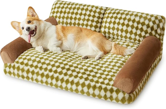 BFPETHOME Dog Couch Bed & Cat Couch Bed, Pet Couch Bed for Medium Pet, Cute Dog Sofa Bed, Cat Sofa & Pet Sofa with Non-Slip Bottom, Checkered Dog Bed with Washable Cover (Green&White)
