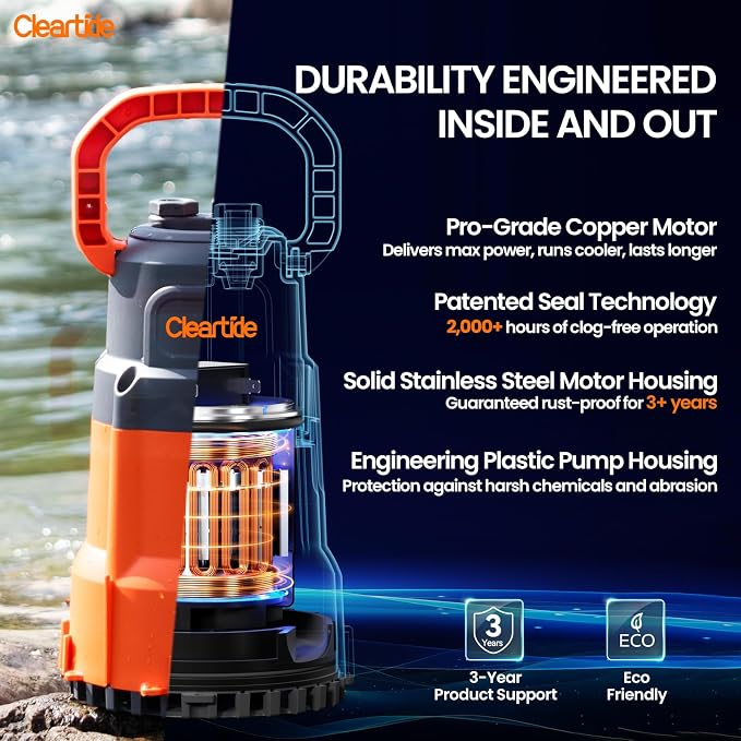 Submersible Utility Water Pump, 1/3 HP 2790 GPH Portable Sump Pump with Copper Motor, Plug and Work for Pond, Garden Watering, Pool or Hot Tub Water Transfer