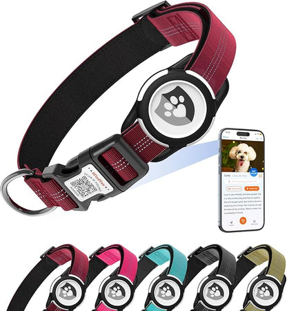 Reflective Dog Collar with AirTag Holder for Puppy Soft Nylon Burgundy Sized XS