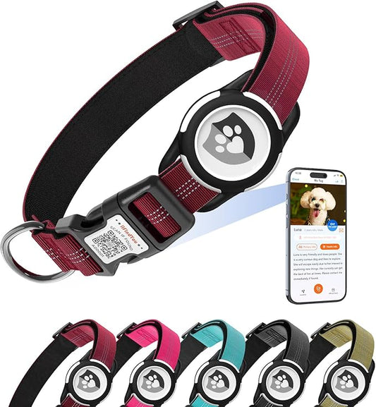Reflective Dog Collar with AirTag Holder for Puppy Soft Nylon Burgundy Sized XS
