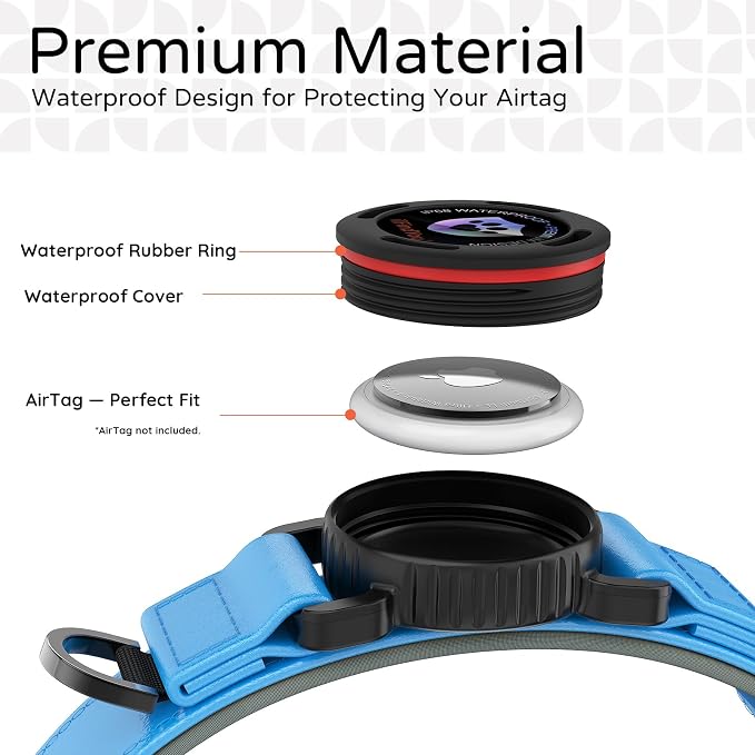 Airtag Dog Collar, Dog Collar with airtag Holder, IP68 Waterproof Leather Dog Collar with Metal Buckle & Lockable Airtag Holder, Heavy Duty Adjustable for Small Medium Large Dogs (Blue M)
